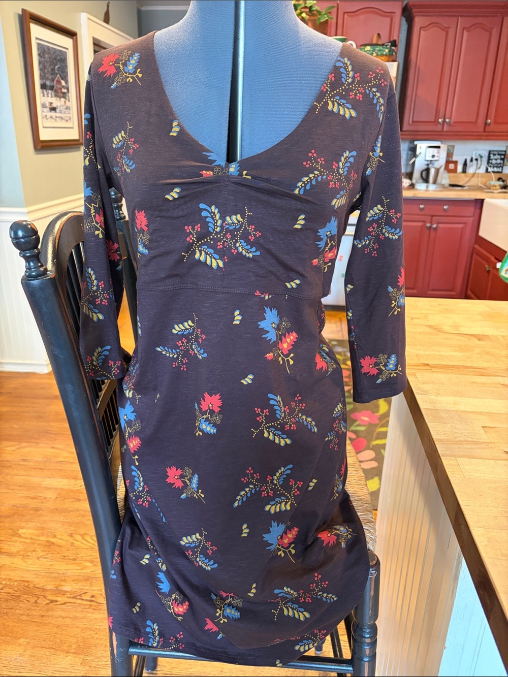 Toad&Co Brown Floral Long Sleeve Dress with Red, Blue & Mustard Accents